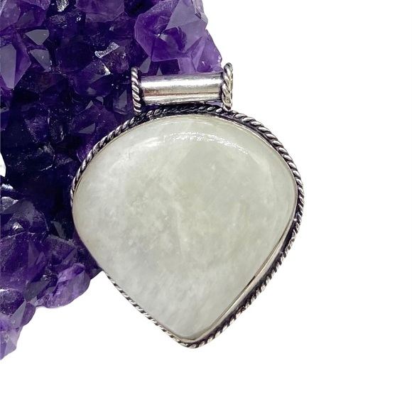 Artisan Jewelry - Rainbow Moonstone Necklace Pendant Chunky Natural Stone White Bohemian Boho Gift